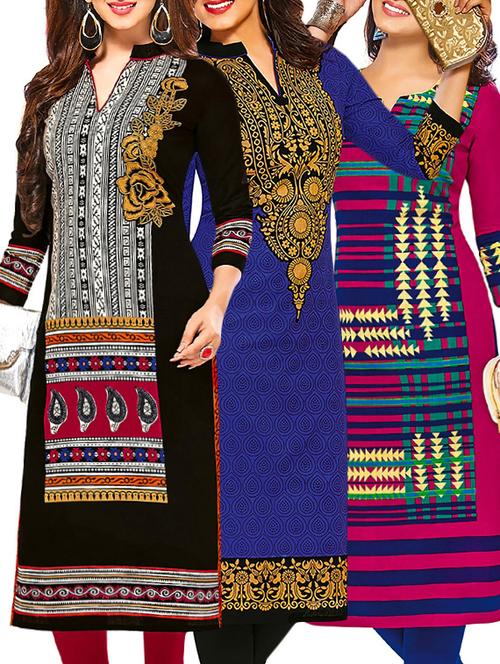 set of 3 multi colored cotton unstitched kurta - 13377740 - Very Small Image - 1