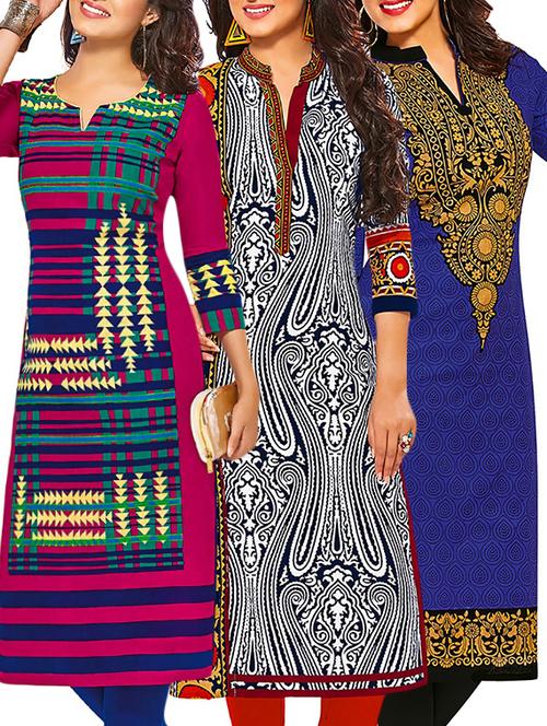 set of 3 multi colored cotton unstitched kurta - 13377741 - Very Small Image - 1