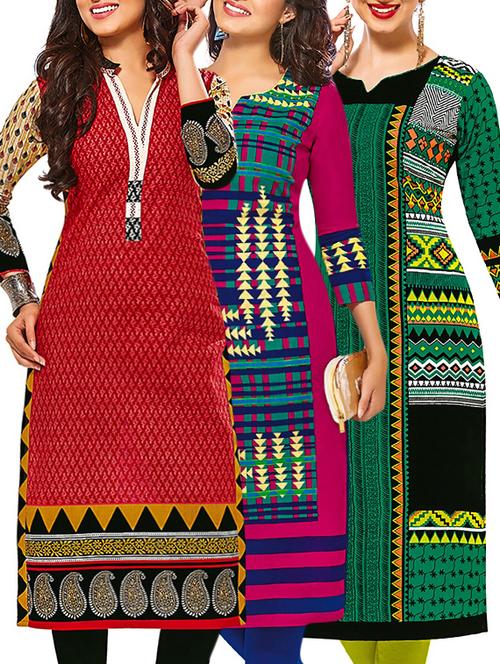 set of 3 multi colored cotton unstitched kurta - 13377743 - Very Small Image - 1