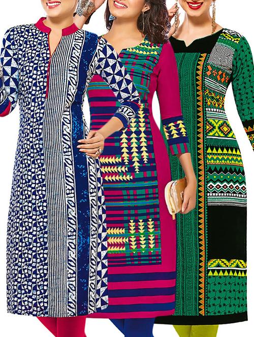 set of 3 multi colored cotton unstitched kurta - 13377745 - Very Small Image - 1