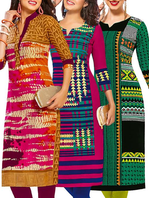 set of 3 multi colored cotton unstitched kurta - 13377750 - Very Small Image - 1