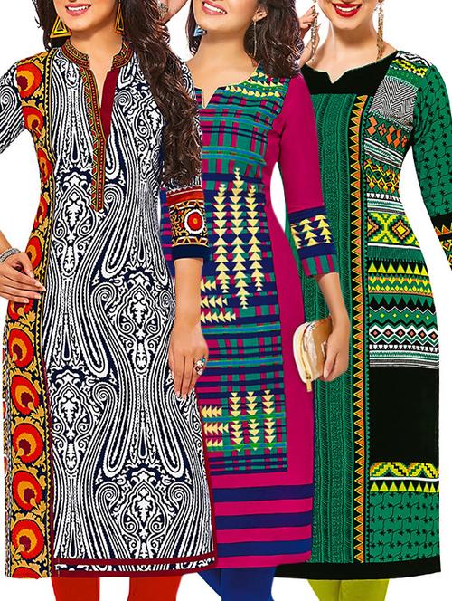 set of 3 multi colored cotton unstitched kurta - 13377757 - Very Small Image - 1