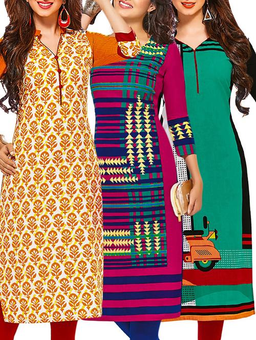 set of 3 multi colored cotton unstitched kurta - 13377759 - Very Small Image - 1