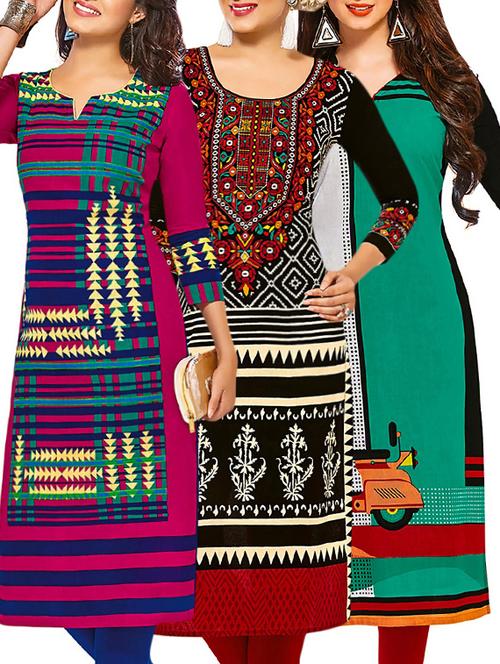set of 3 multi colored cotton unstitched kurta - 13377768 - Very Small Image - 1