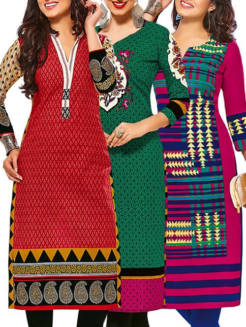 set of 3 multi colored cotton unstitched kurta - 13377775 - Very Small Image - 1