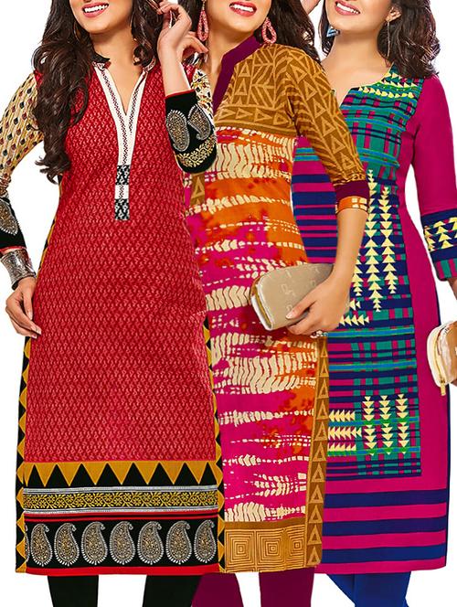 set of 3 multi colored cotton unstitched kurta - 13377779 - Very Small Image - 1