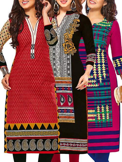 set of 3 multi colored cotton unstitched kurta - 13377785 - Very Small Image - 1