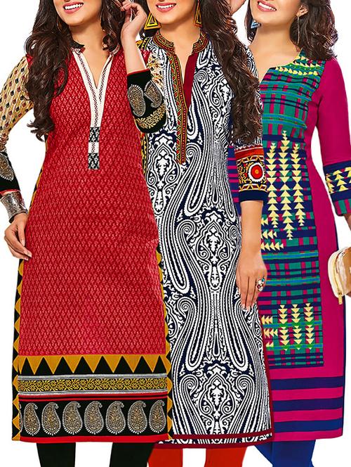 set of 3 multi colored cotton unstitched kurta - 13377786 - Very Small Image - 1