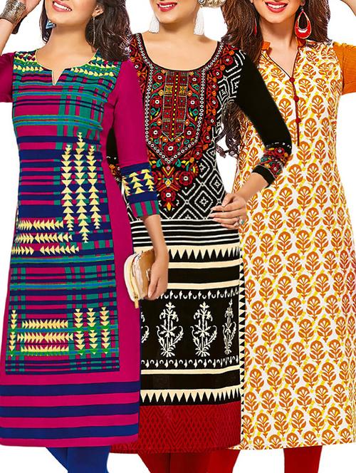 set of 3 multi colored cotton unstitched kurta - 13377795 - Very Small Image - 1