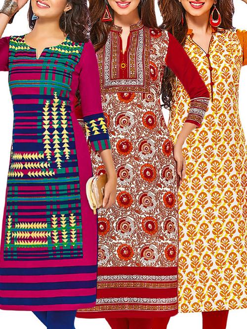 set of 3 multi colored cotton unstitched kurta - 13377797 - Very Small Image - 1
