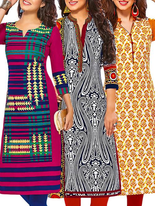 set of 3 multi colored cotton unstitched kurta - 13377799 - Very Small Image - 1