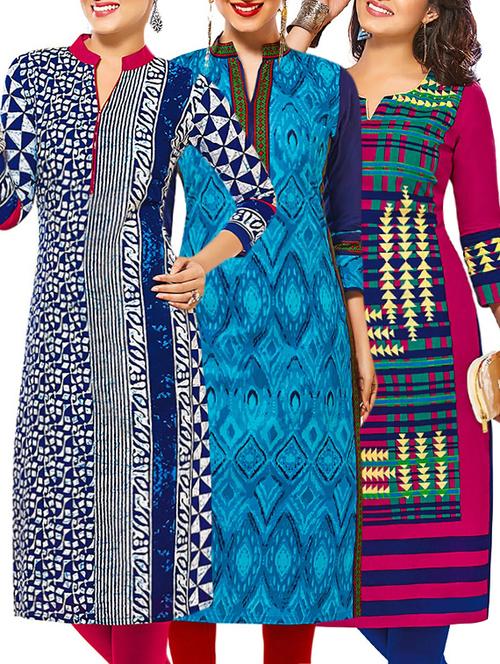 set of 3 multi colored cotton unstitched kurta - 13377806 - Very Small Image - 1