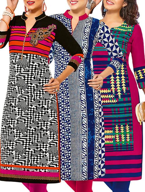 set of 3 multi colored cotton unstitched kurta - 13377808 - Very Small Image - 1