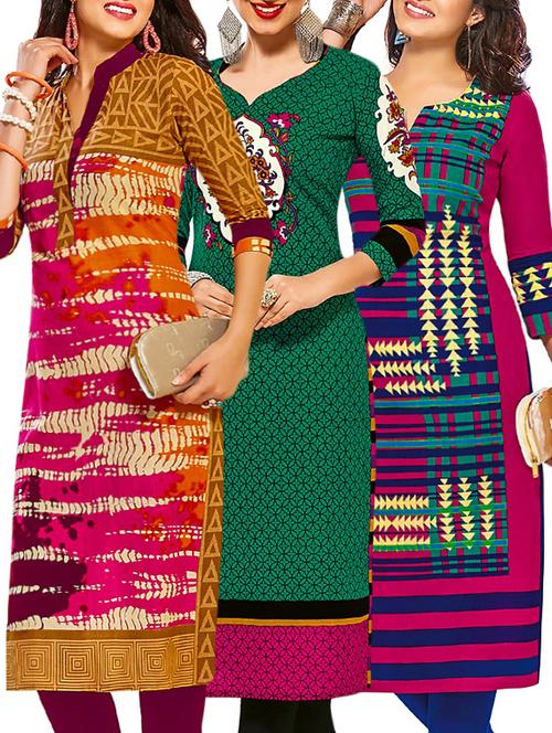 set of 3 multi colored cotton unstitched kurta - 13377815 - Very Small Image - 1