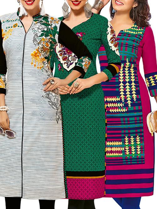 set of 3 multi colored cotton unstitched kurta - 13377816 - Very Small Image - 1