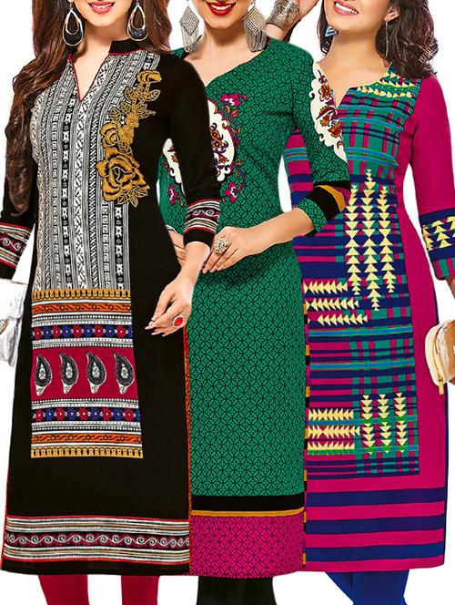 set of 3 multi colored cotton unstitched kurta - 13377821 - Very Small Image - 1