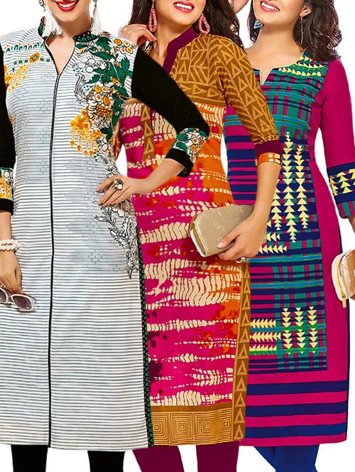 set of 3 multi colored cotton unstitched kurta - 13377850 - Very Small Image - 1