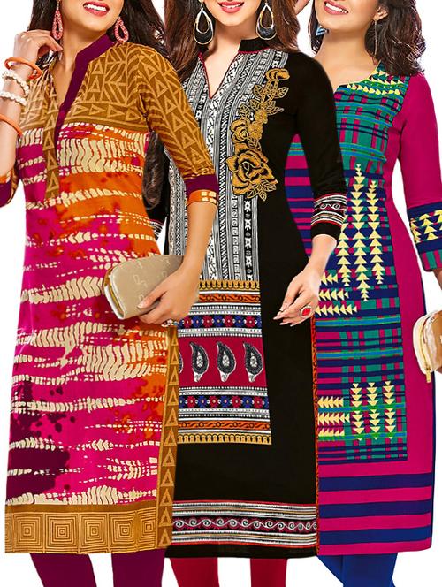 set of 3 multi colored cotton unstitched kurta - 13377855 - Very Small Image - 1