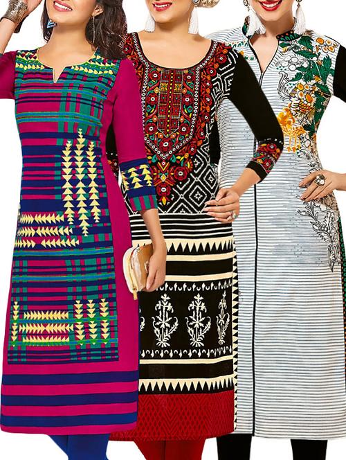 set of 3 multi colored cotton unstitched kurta - 13377858 - Very Small Image - 1