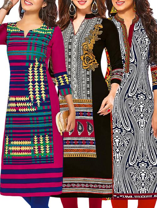 set of 3 multi colored cotton unstitched kurta - 13377877 - Very Small Image - 1