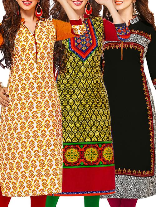 set of 3 multi colored cotton unstitched kurta - 13377883 - Very Small Image - 1
