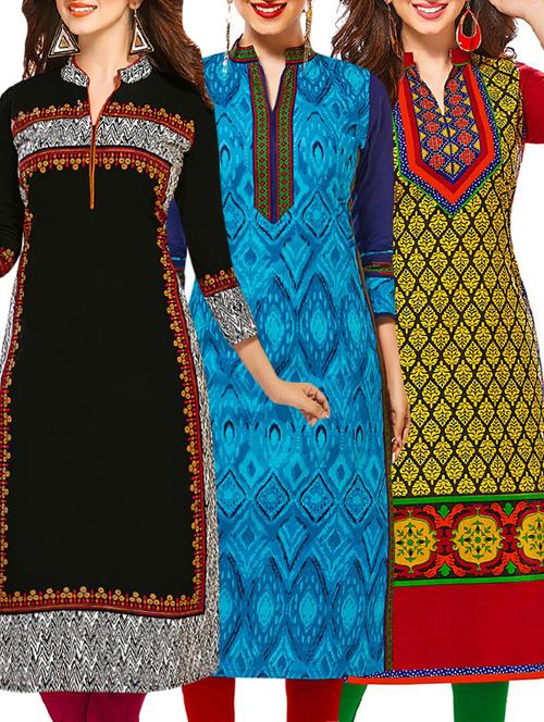 set of 3 multi colored cotton unstitched kurta - 13377891 - Very Small Image - 1
