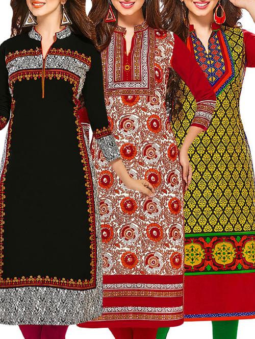 set of 3 multi colored cotton unstitched kurta - 13377894 - Very Small Image - 1