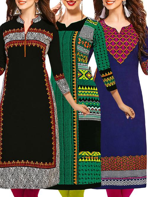 set of 3 multi colored cotton unstitched kurta - 13377898 - Very Small Image - 1