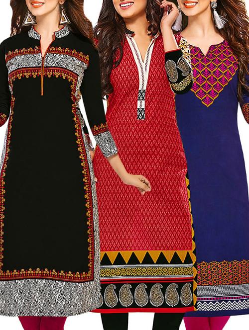 set of 3 multi colored cotton unstitched kurta - 13377900 - Very Small Image - 1
