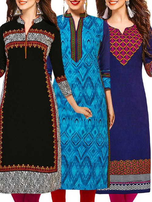 set of 3 multi colored cotton unstitched kurta - 13377909 - Very Small Image - 1