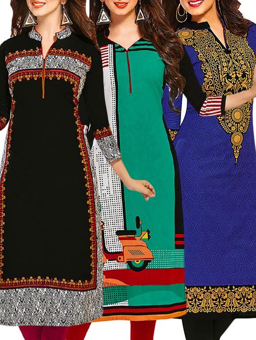 set of 3 multi colored cotton unstitched kurta - 13377916 - Very Small Image - 1
