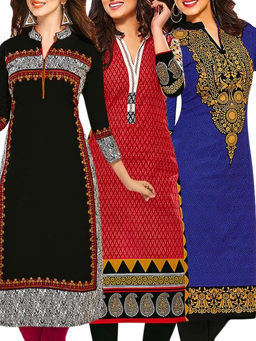 set of 3 multi colored cotton unstitched kurta - 13377917 - Very Small Image - 1