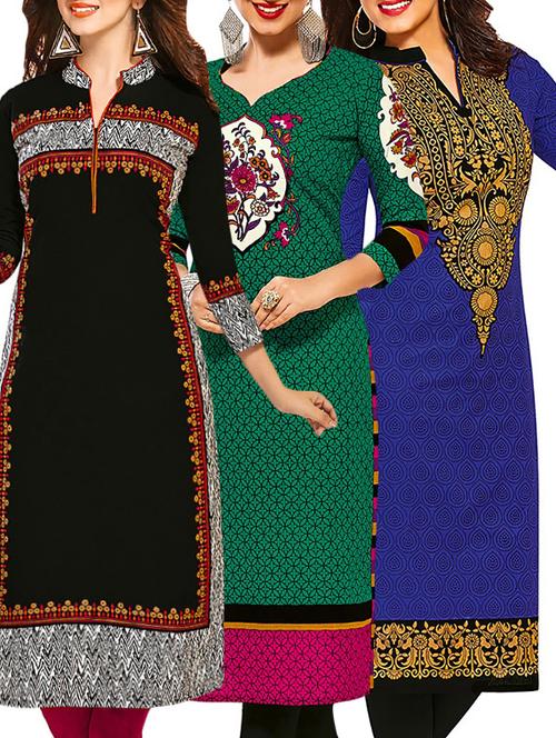 set of 3 multi colored cotton unstitched kurta - 13377920 - Very Small Image - 1