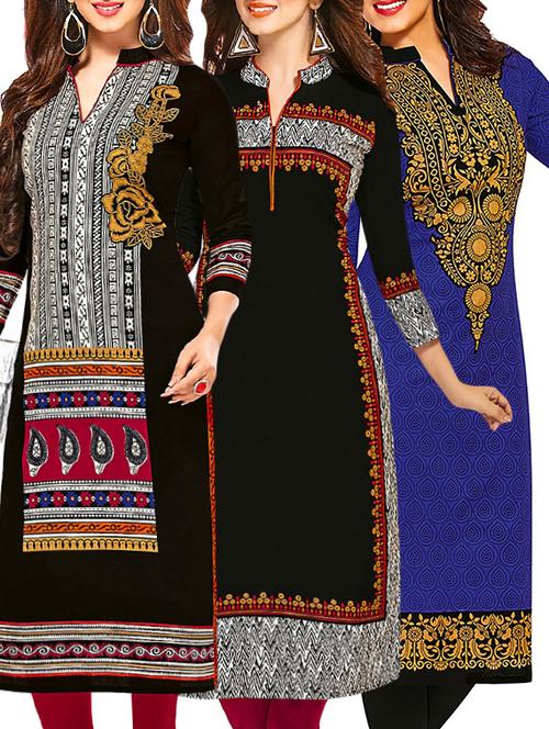 set of 3 multi colored cotton unstitched kurta - 13377930 - Very Small Image - 1