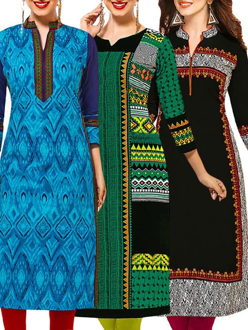 set of 3 multi colored cotton unstitched kurta - 13377942 - Very Small Image - 1