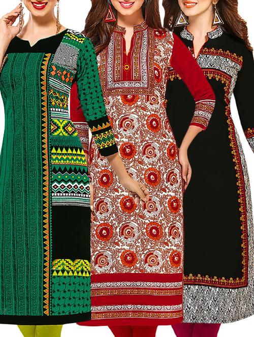 set of 3 multi colored cotton unstitched kurta - 13377945 - Very Small Image - 1