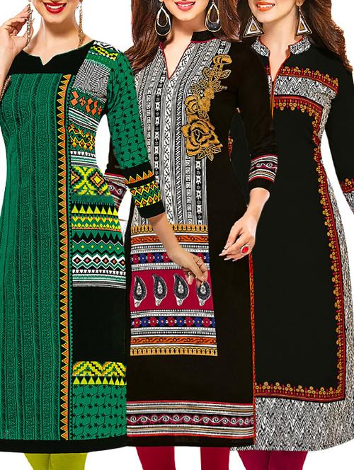 set of 3 multi colored cotton unstitched kurta - 13377946 - Very Small Image - 1