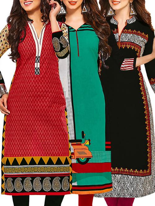 set of 3 multi colored cotton unstitched kurta - 13377948 - Very Small Image - 1
