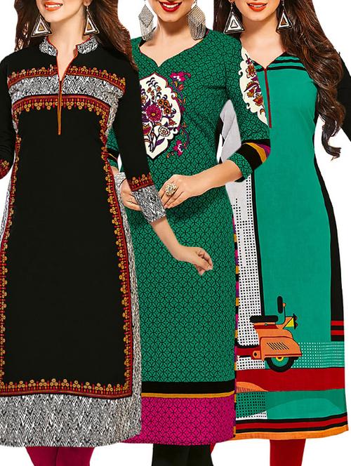 set of 3 multi colored cotton unstitched kurta - 13377951 - Very Small Image - 1