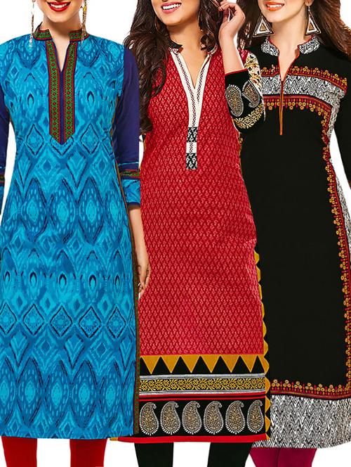 set of 3 multi colored cotton unstitched kurta - 13377971 - Very Small Image - 1