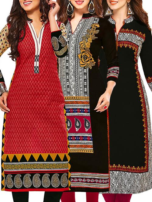 set of 3 multi colored cotton unstitched kurta - 13377975 - Very Small Image - 1