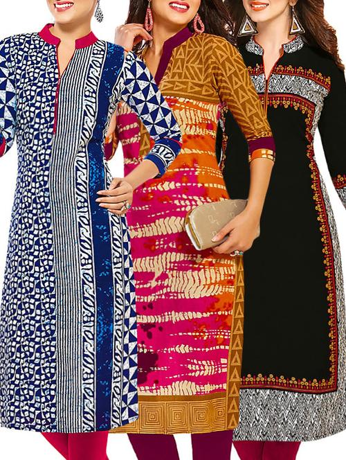 set of 3 multi colored cotton unstitched kurta - 13377994 - Very Small Image - 1