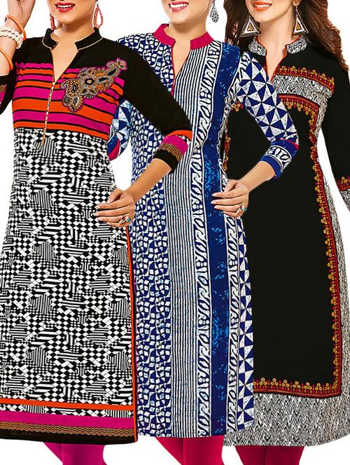 set of 3 multi colored cotton unstitched kurta - 13377998 - Very Small Image - 1