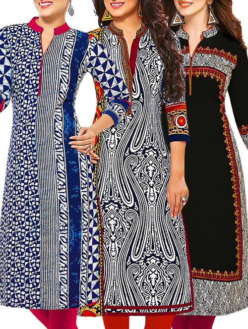 set of 3 multi colored cotton unstitched kurta - 13378001 - Very Small Image - 1