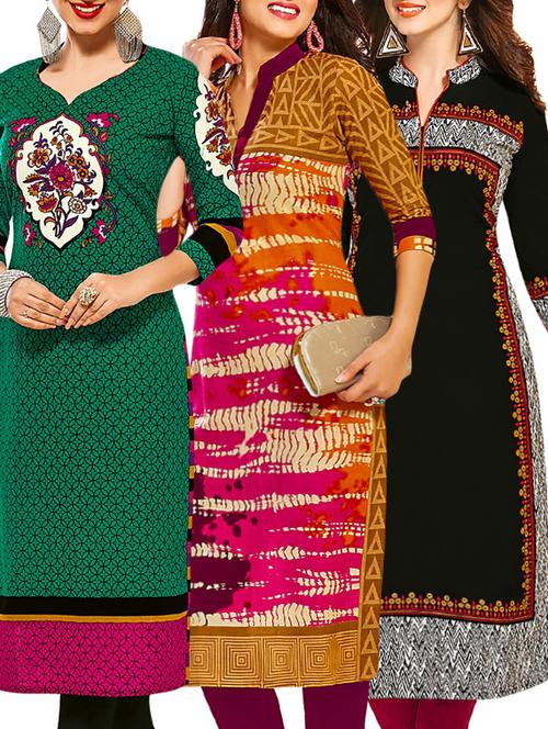 set of 3 multi colored cotton unstitched kurta - 13378005 - Very Small Image - 1