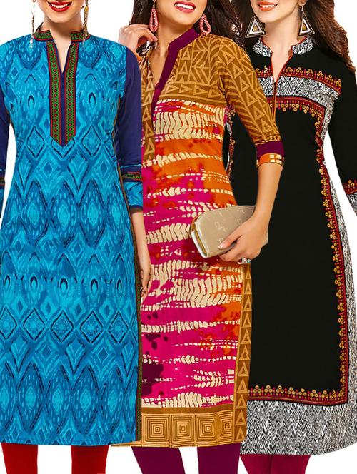 set of 3 multi colored cotton unstitched kurta - 13378041 - Very Small Image - 1