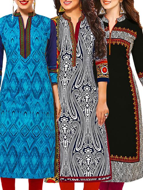 set of 3 multi colored cotton unstitched kurta - 13378057 - Very Small Image - 1