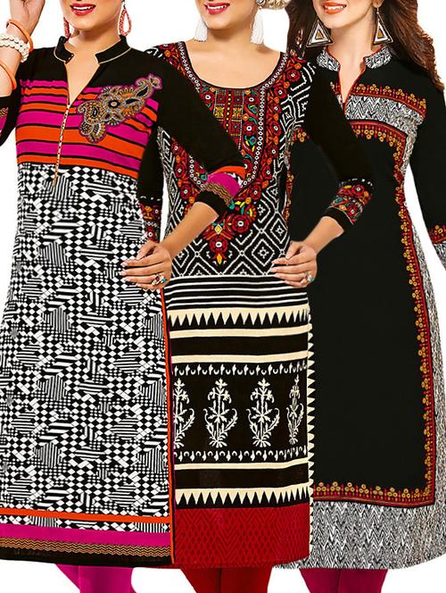 set of 3 multi colored cotton unstitched kurta - 13378058 - Very Small Image - 1