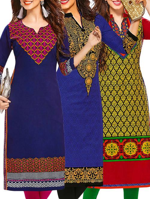 set of 3 multi colored cotton unstitched kurta - 13378068 - Very Small Image - 1