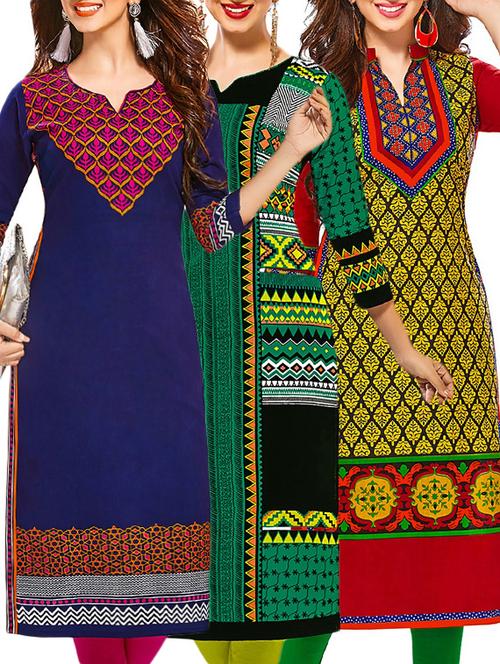 set of 3 multi colored cotton unstitched kurta - 13378069 - Very Small Image - 1